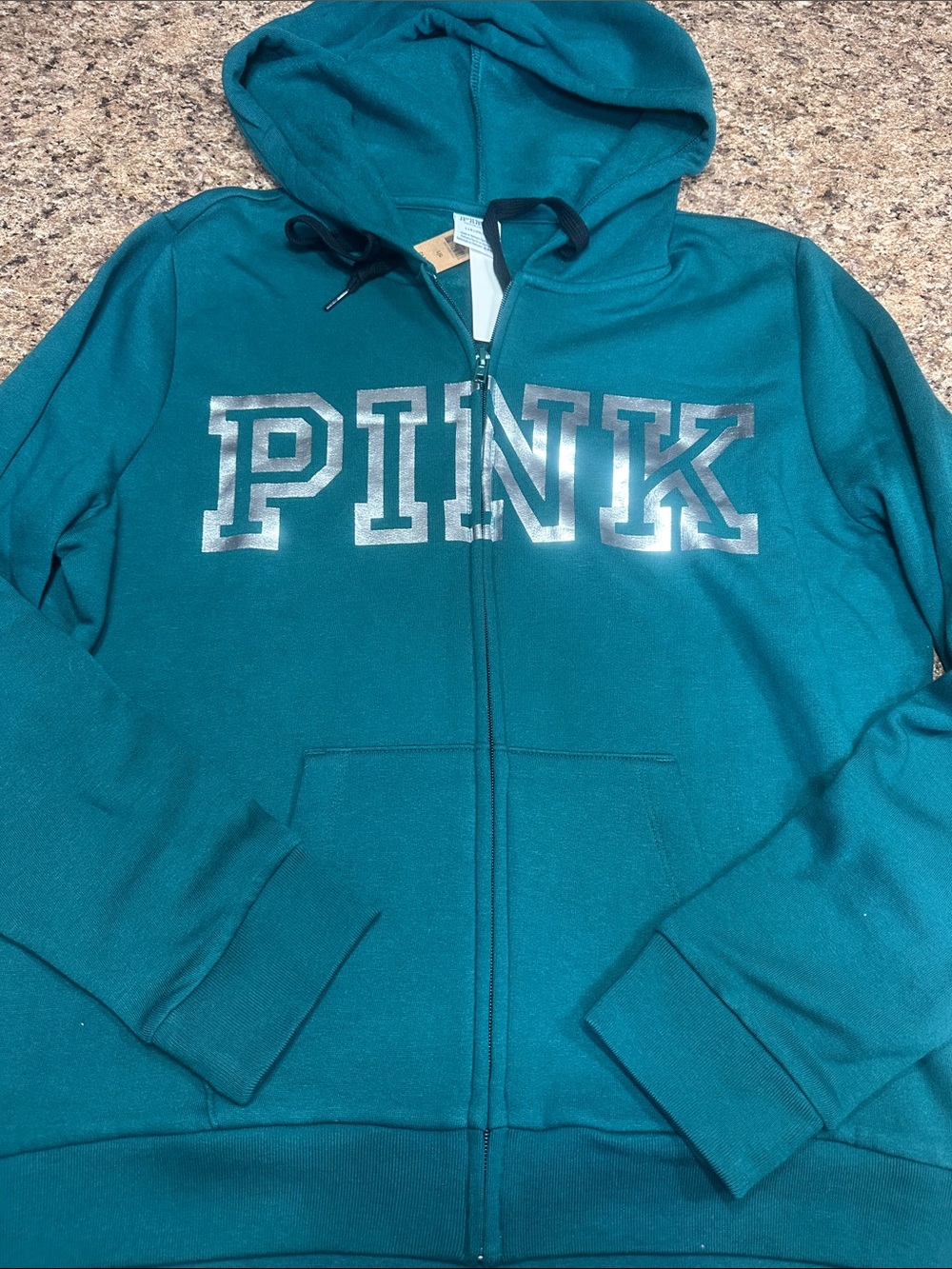 NWT PINK Victoria's Secret Green FullZip Hoodie with Metallic Silver Logo Large